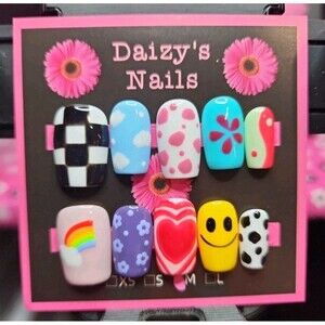 Medium Size Press-on Nail 10Pc Set Handmade Squoval Colorful Y2k 2.0 Cm Length